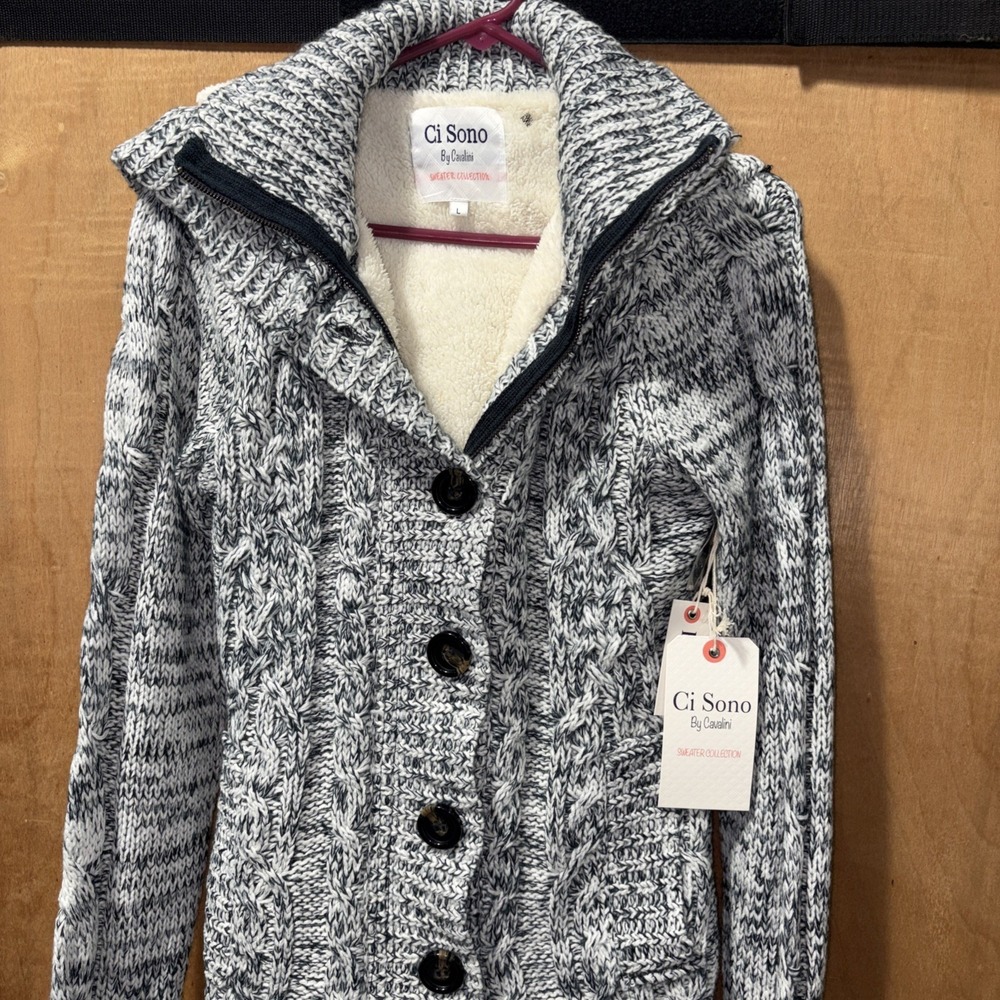 Chunky Cardigan Zip Hoodie Womens Gray Sherpa Lined Y2k Hipster Ci Sona L
